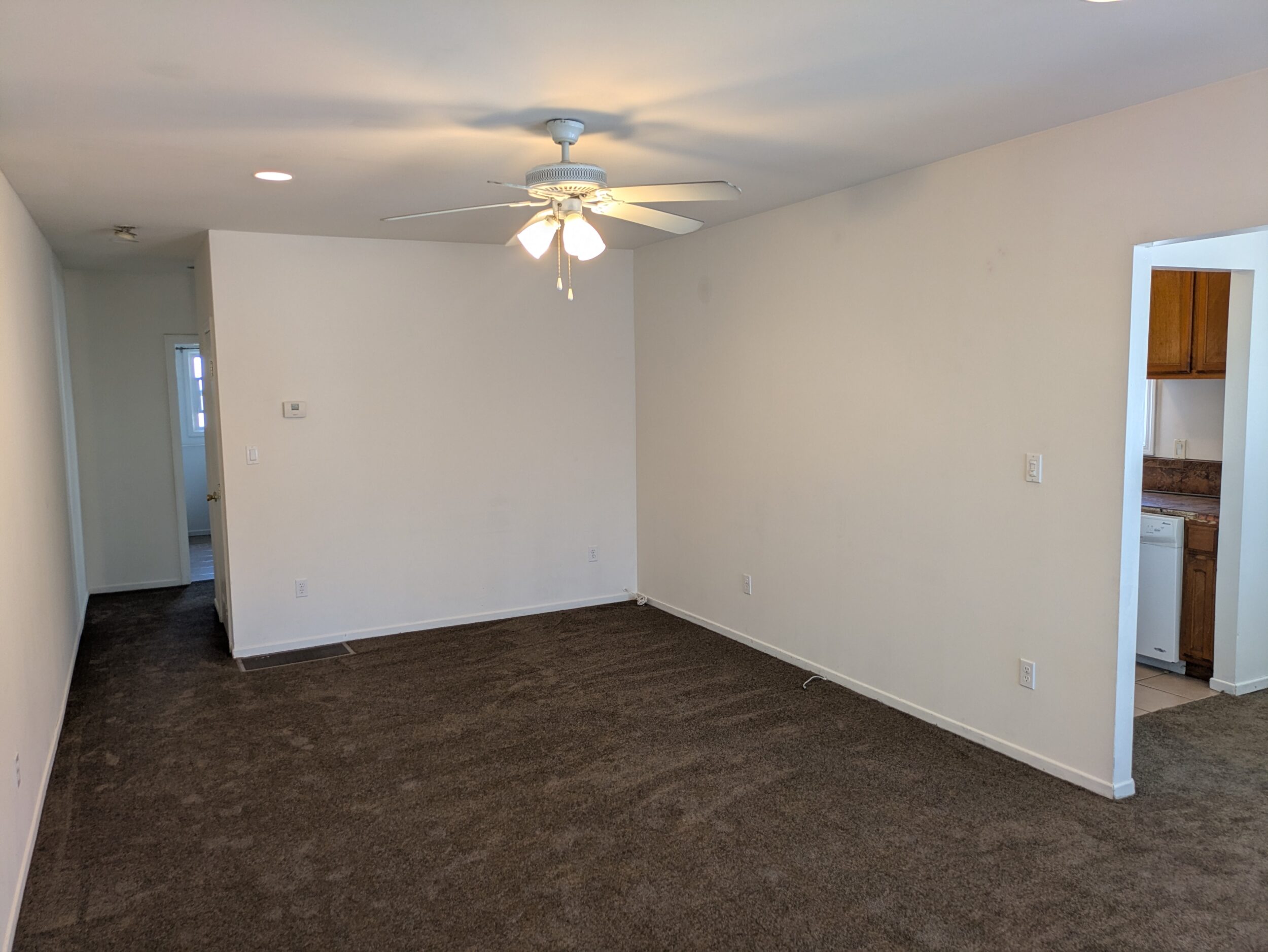 Livingroom, dining area to the right, bathroom/bedroom down the hall